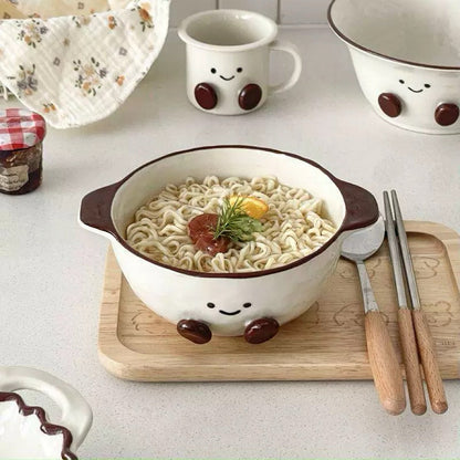 Smiley Bean Ceramic Double-Handle Bowl