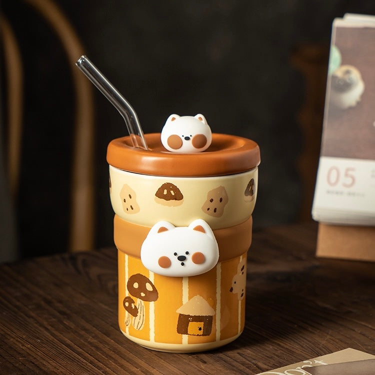 Cute Westie Ceramic Tumbler with Lid & Straw