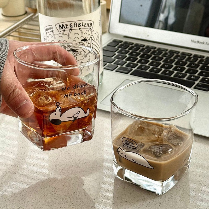 Lazy Cat & Dog Square Glass Cup