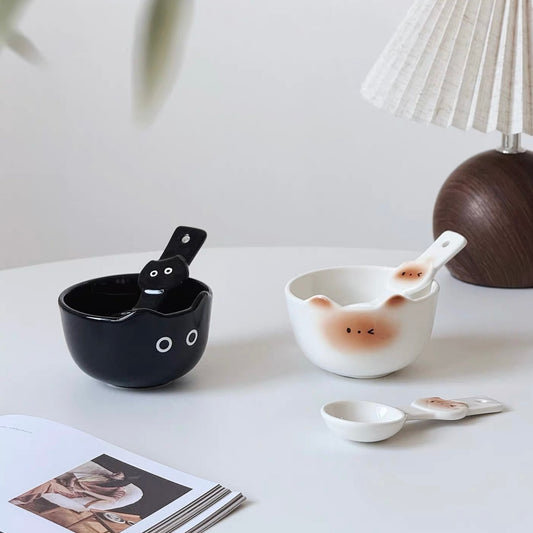 Cute Siamese Cat Ceramic Bowl with Spoon