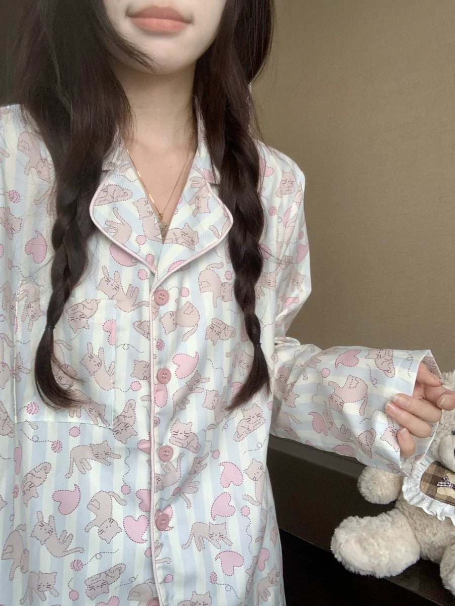 Dopamine Striped Cat Silk Pajama Set