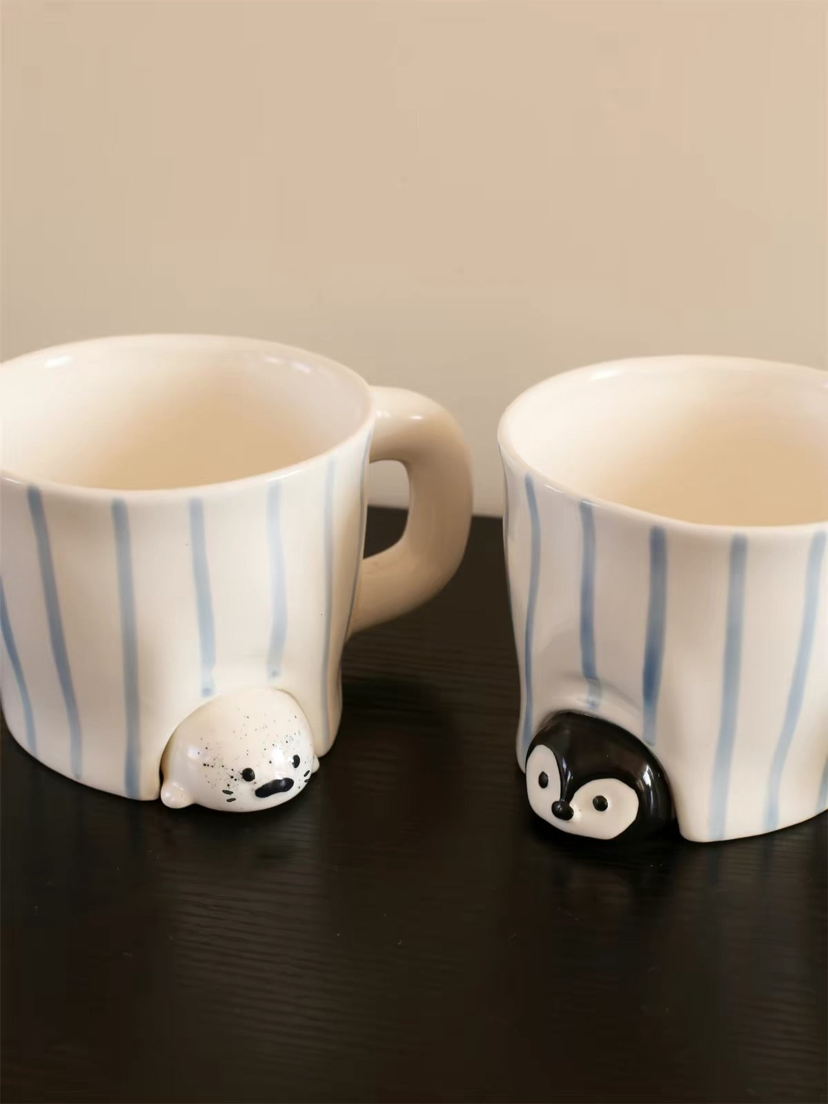 Hand-painted Blue Stripe Seal & Penguin Ceramic Mug