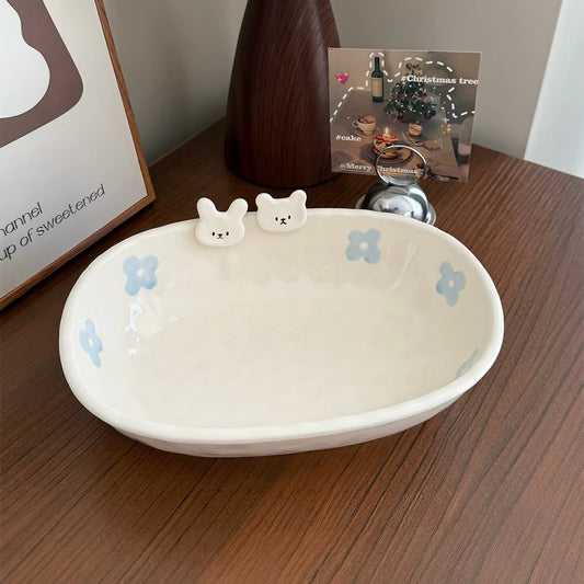 Cute Bear & Bunny Embossed Ceramic Baking Dish