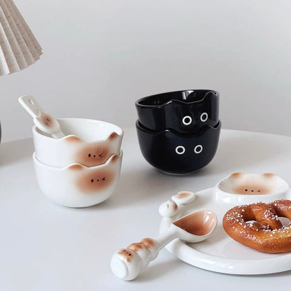 Cute Siamese Cat Ceramic Bowl with Spoon