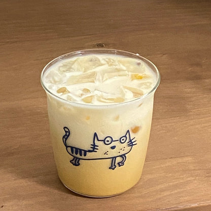 Blue Doodle Cat Glass Cup