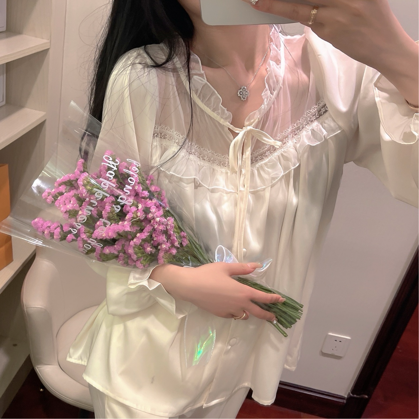 Lace Mesh Silk Long-Sleeve Pajama Set