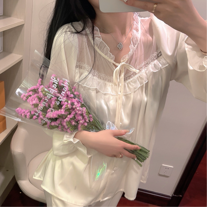 Lace Mesh Silk Long-Sleeve Pajama Set