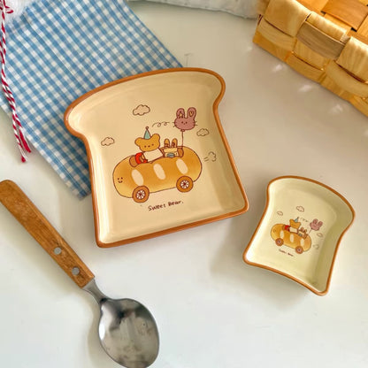 Bear Bakery Toast-Shaped Ceramic Plate Set