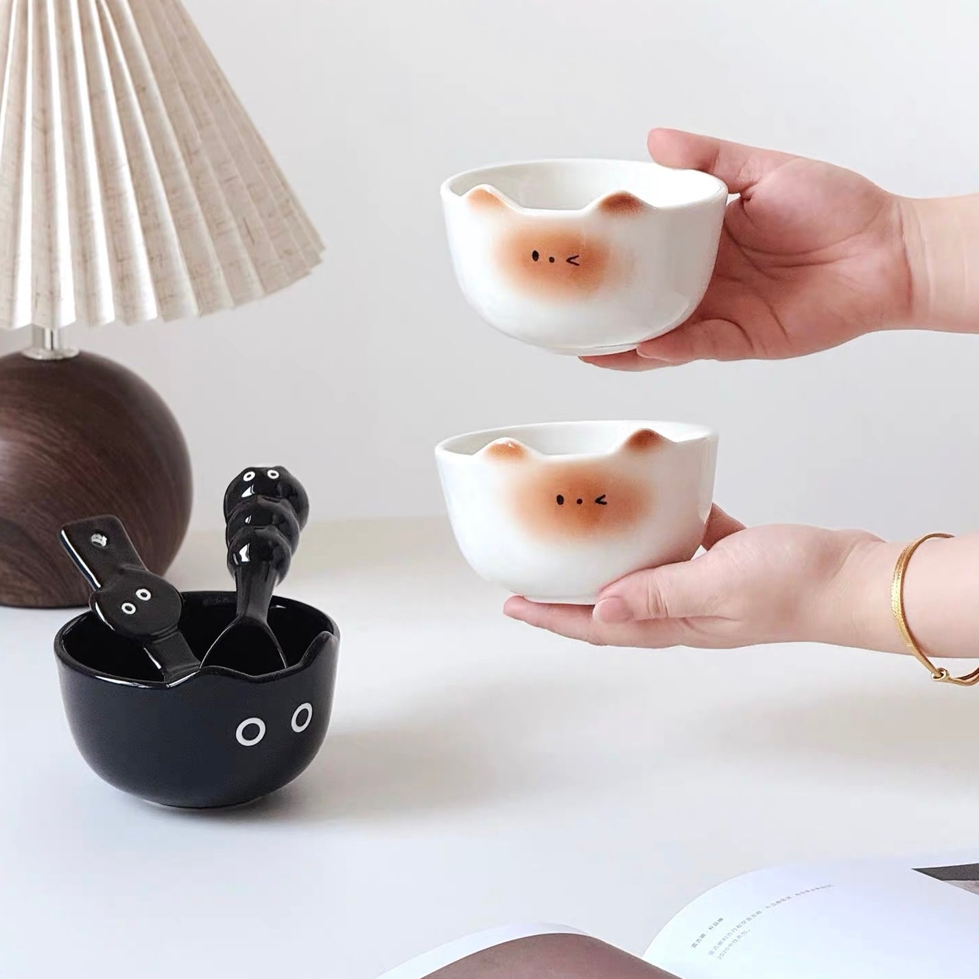 Cute Siamese Cat Ceramic Bowl with Spoon