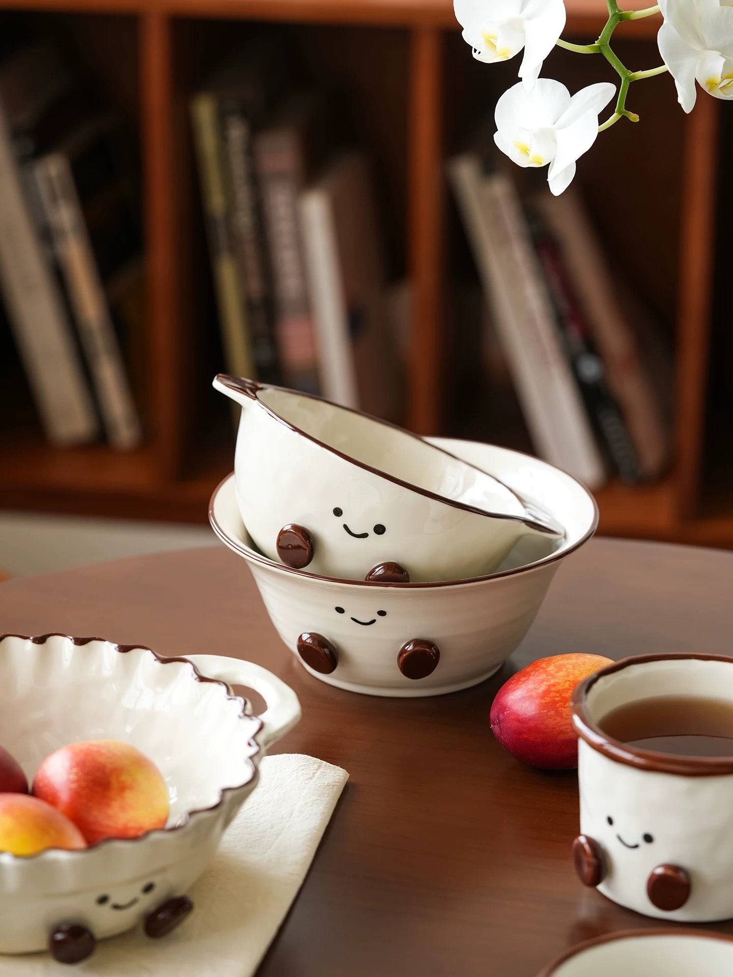 Smiley Bean Ceramic Double-Handle Bowl