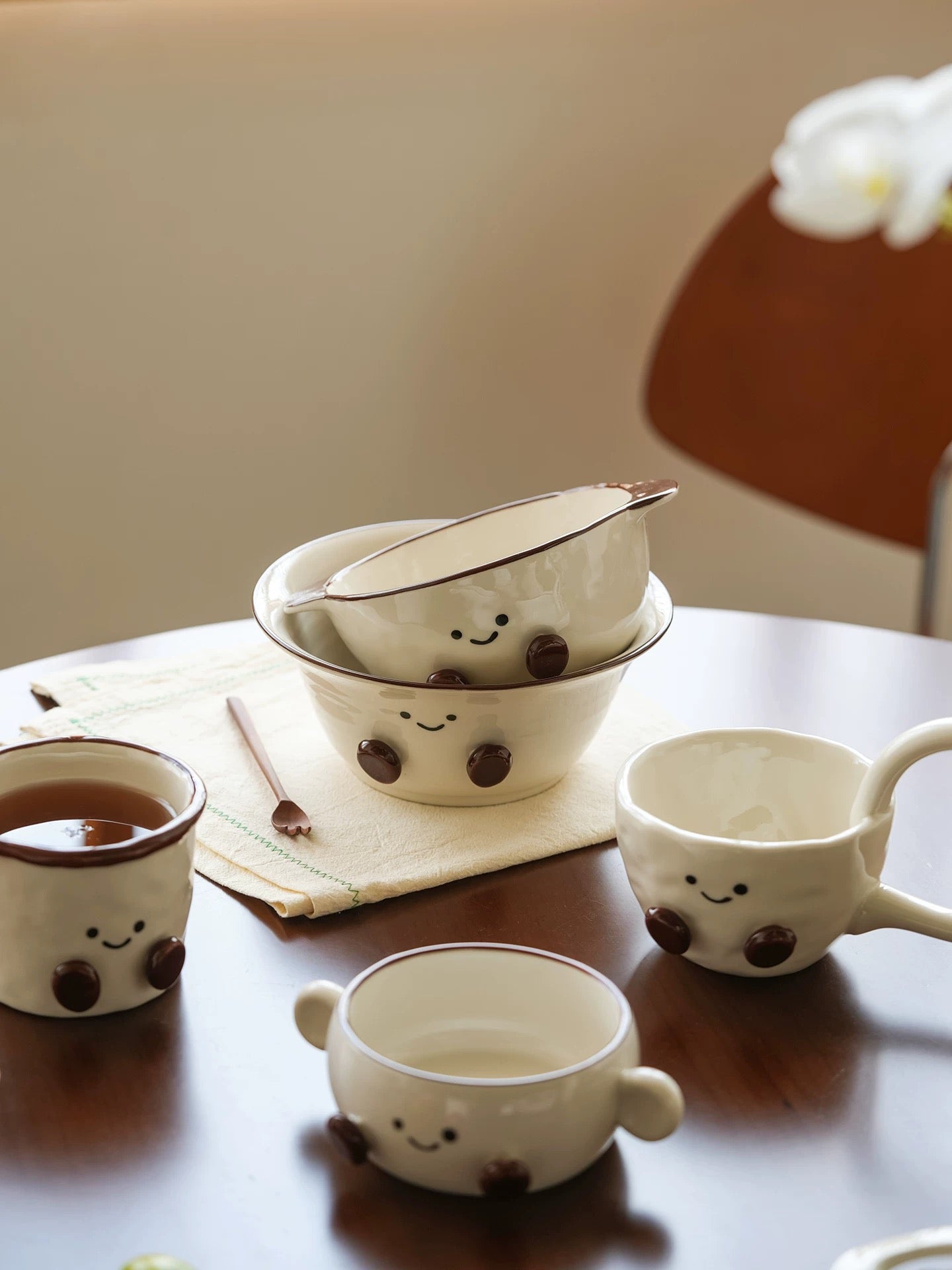 Smiley Bean Ceramic Double-Handle Bowl