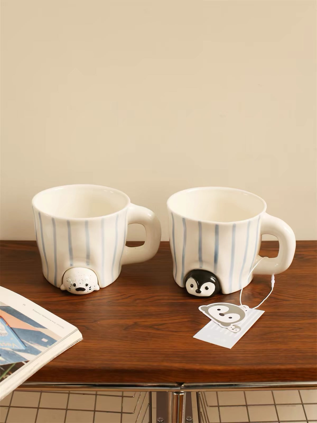 Hand-painted Blue Stripe Seal & Penguin Ceramic Mug