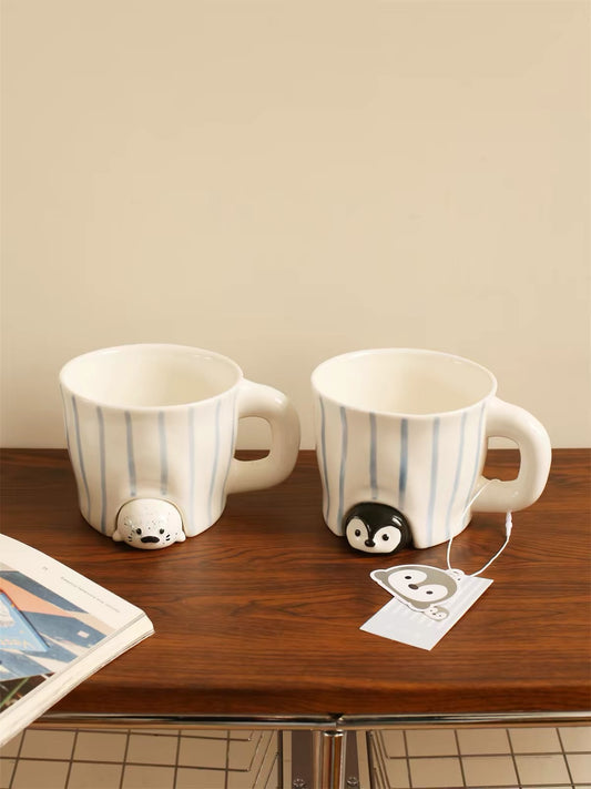 Hand-painted Blue Stripe Seal & Penguin Ceramic Mug