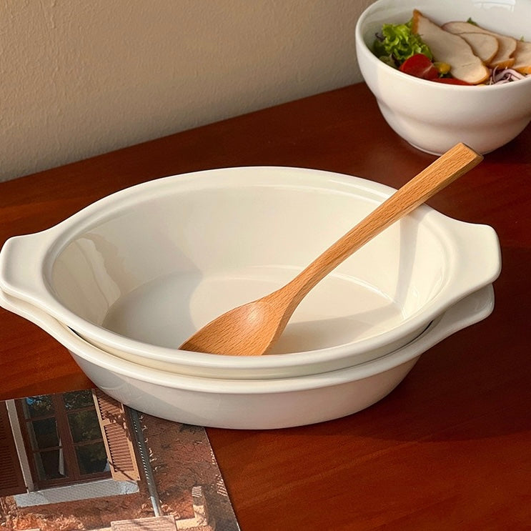Korean White Double-Handle Oval Deep Dish
