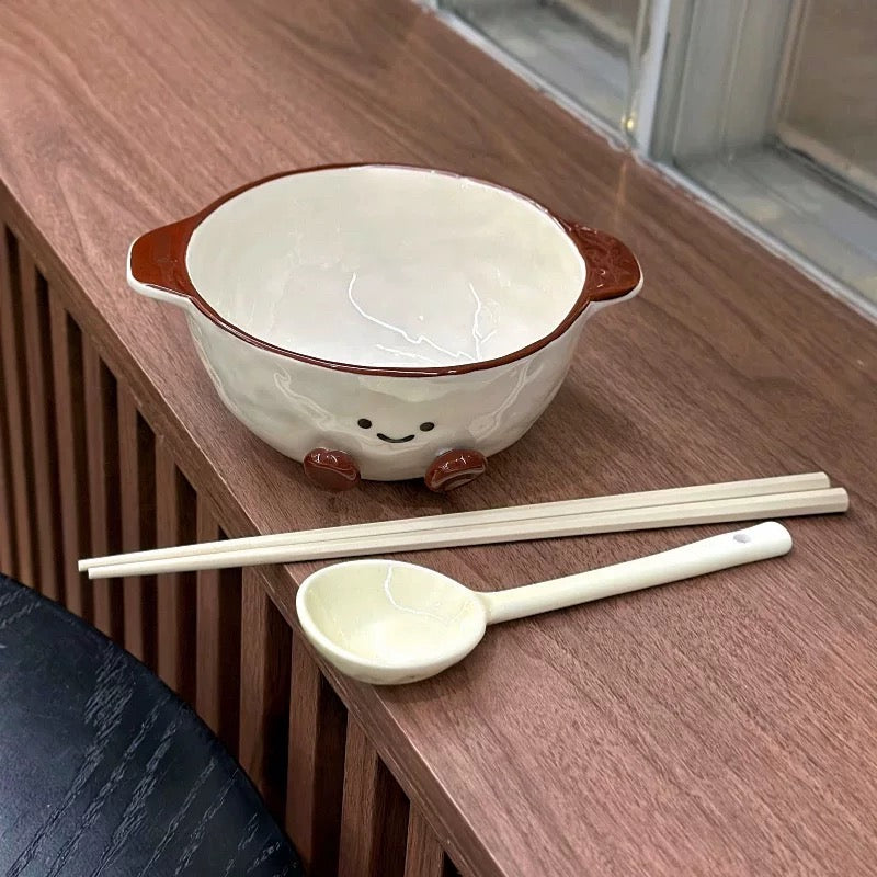 Smiley Bean Ceramic Double-Handle Bowl