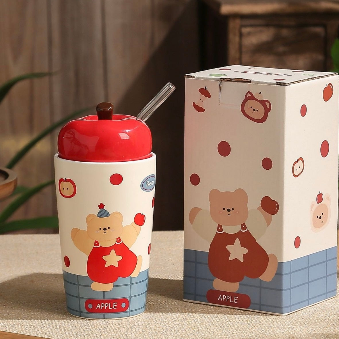 Apple Bear Ceramic Tumbler with Lid & Straw