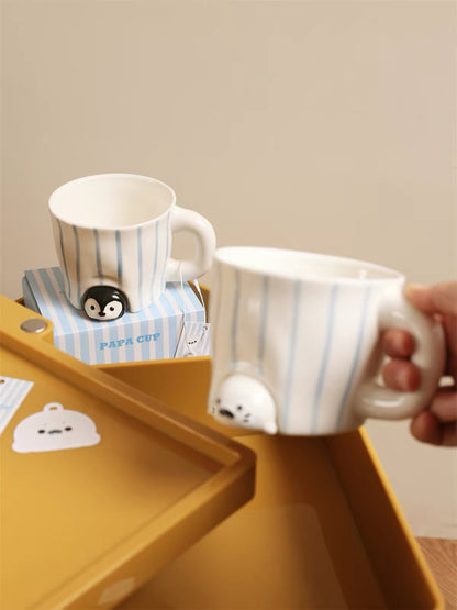 Hand-painted Blue Stripe Seal & Penguin Ceramic Mug