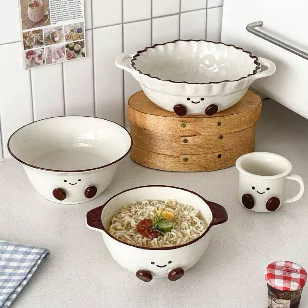 Smiley Bean Ceramic Double-Handle Bowl