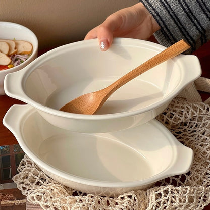 Korean White Double-Handle Oval Deep Dish