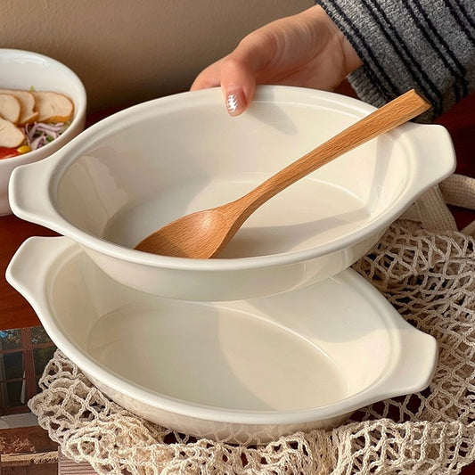 Korean White Double-Handle Oval Deep Dish