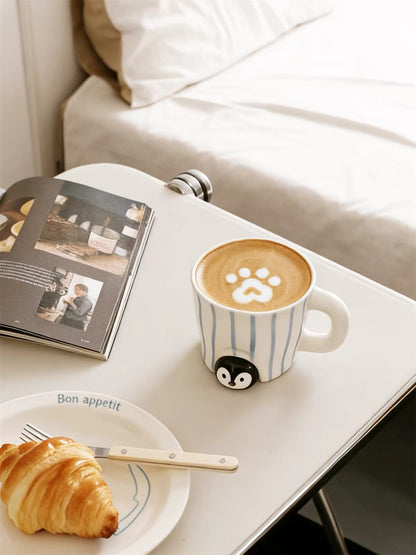 Hand-painted Blue Stripe Seal & Penguin Ceramic Mug