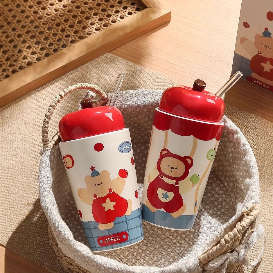 Apple Bear Ceramic Tumbler with Lid & Straw