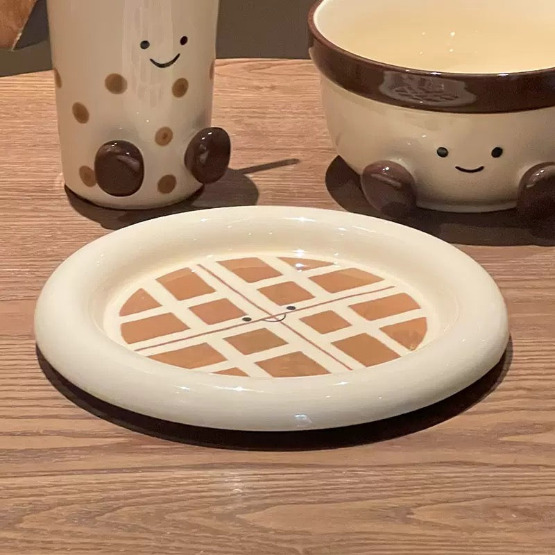 Cute Smiley Waffle Ceramic Plate