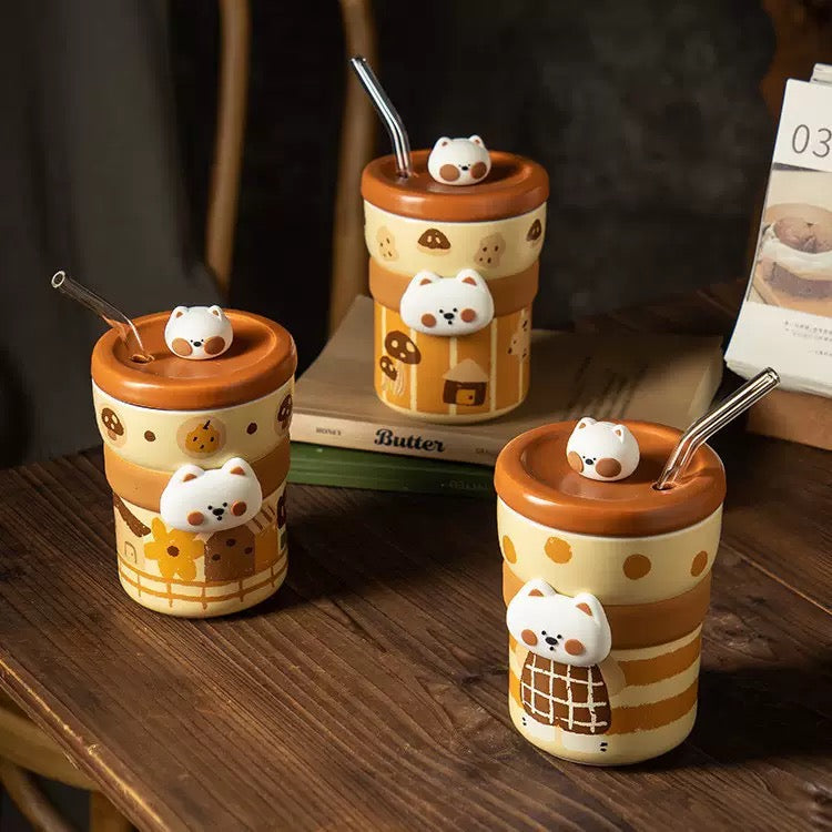 Cute Westie Ceramic Tumbler with Lid & Straw