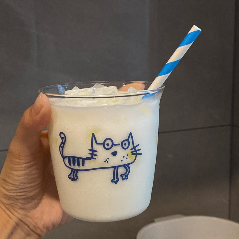 Blue Doodle Cat Glass Cup