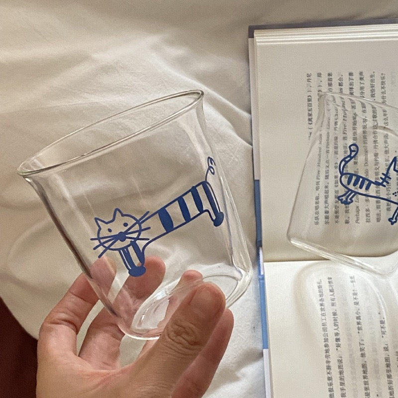 Blue Doodle Cat Glass Cup