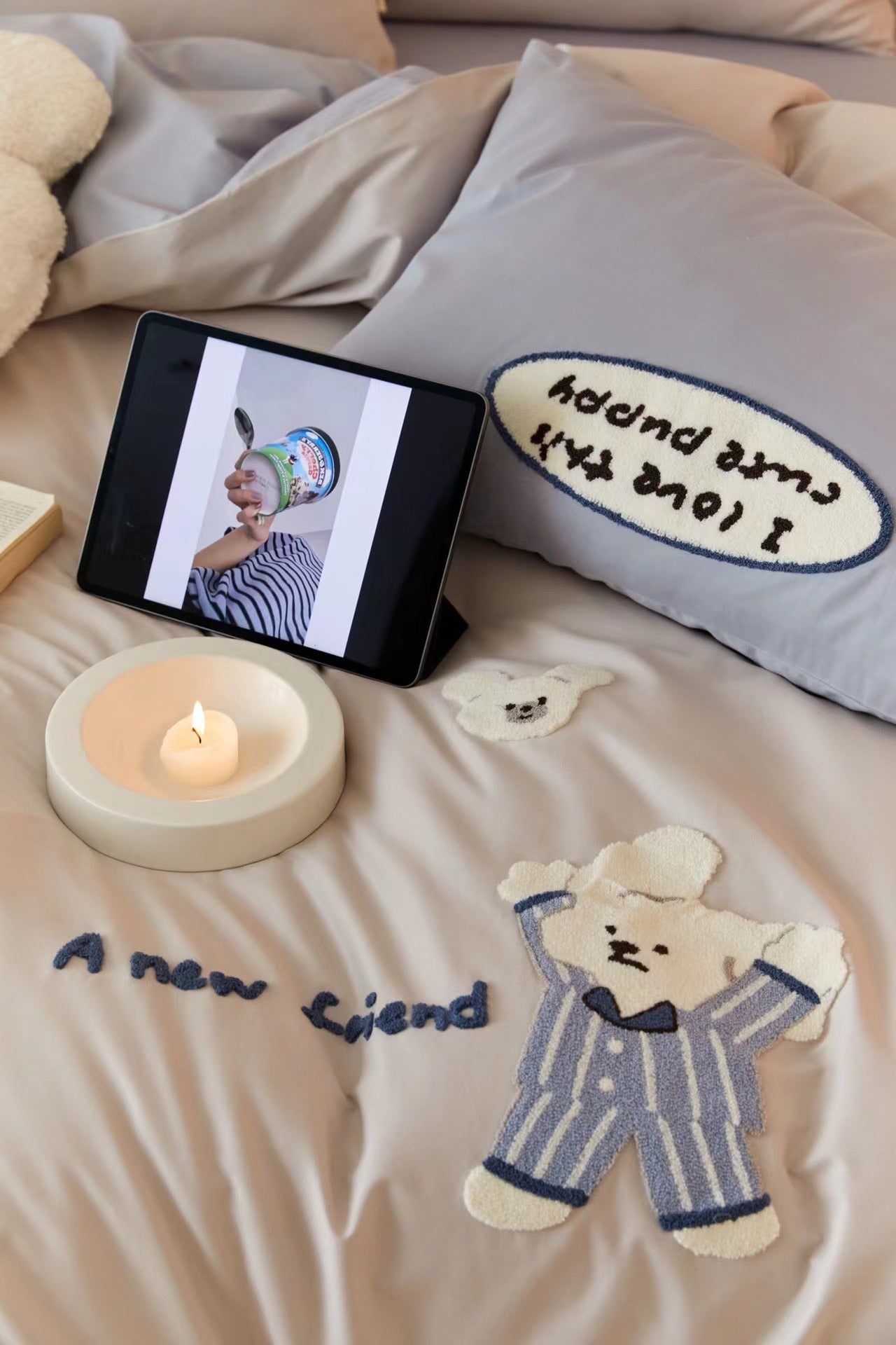 Cute Bear Embroidered Brushed Cotton 4-Piece Bedding Set