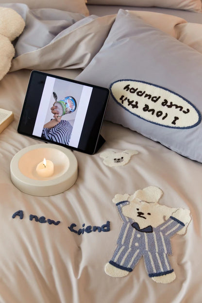 Cute Bear Embroidered Brushed Cotton 4-Piece Bedding Set