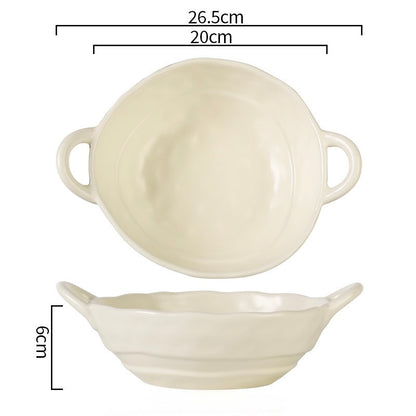 Matte Handcrafted Double-Handle Ceramic Bowl (Large Capacity）