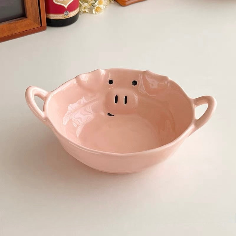 Korean Style Pink Dual-Handle Ceramic Bowl
