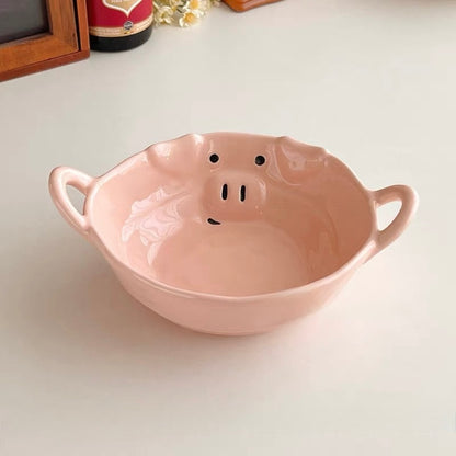Korean Style Pink Dual-Handle Ceramic Bowl