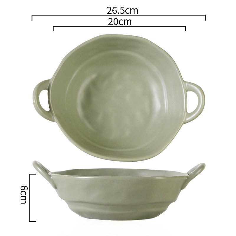 Matte Handcrafted Double-Handle Ceramic Bowl (Large Capacity）