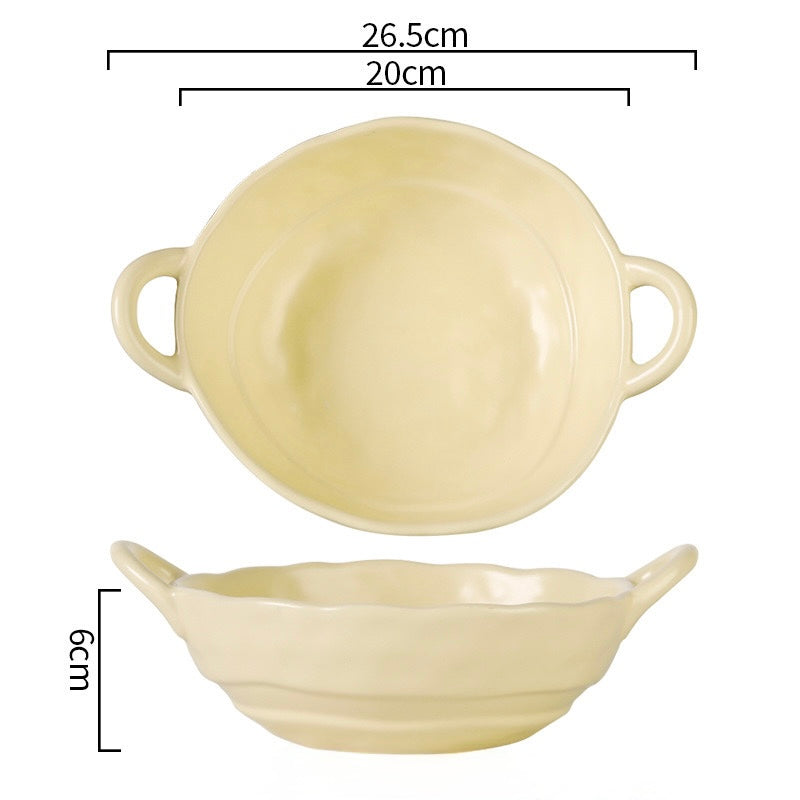Matte Handcrafted Double-Handle Ceramic Bowl (Large Capacity）