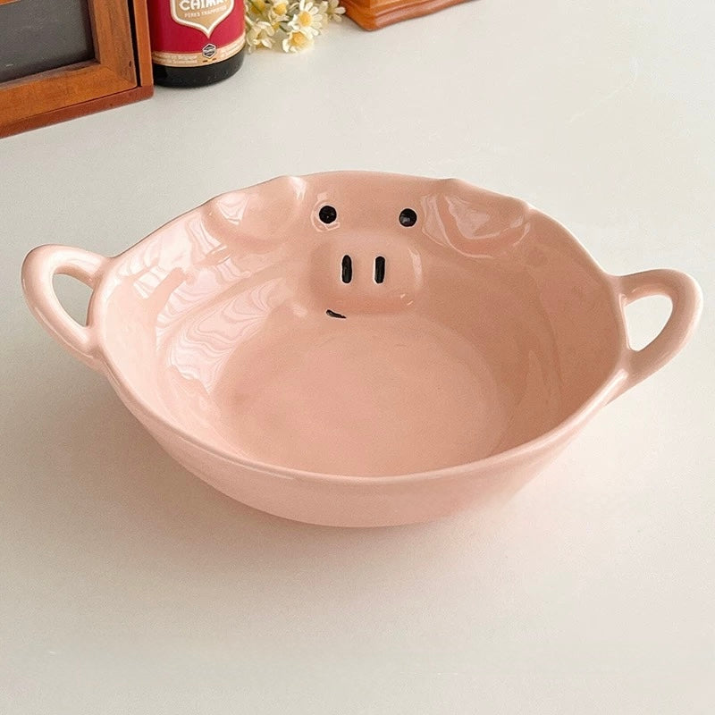 Korean Style Pink Dual-Handle Ceramic Bowl