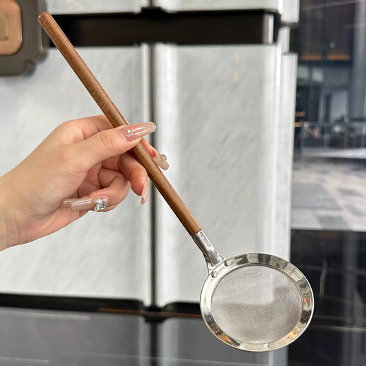 Walnut Handle Stainless Steel Mesh Ramen Strainer Ladle