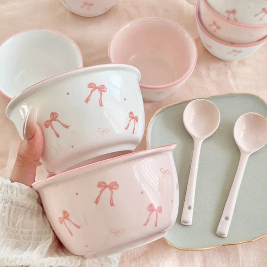 Cute Pink Bow Ceramic Bowl and Spoon Set (2 Bowls + 2 Spoons)