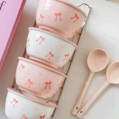 Cute Pink Bow Ceramic Bowl and Spoon Set (2 Bowls + 2 Spoons)