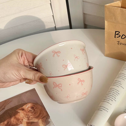 Cute Pink Bow Ceramic Bowl and Spoon Set (2 Bowls + 2 Spoons)