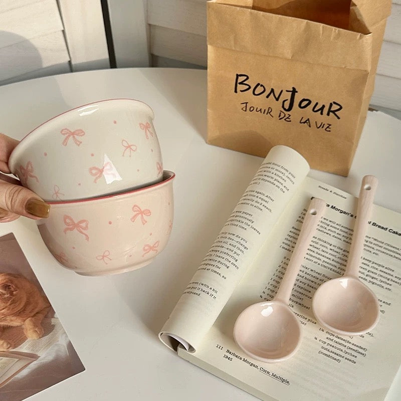 Cute Pink Bow Ceramic Bowl and Spoon Set (2 Bowls + 2 Spoons)