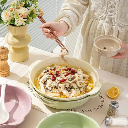 Large Capacity Wavy Rim Ceramic Bowl