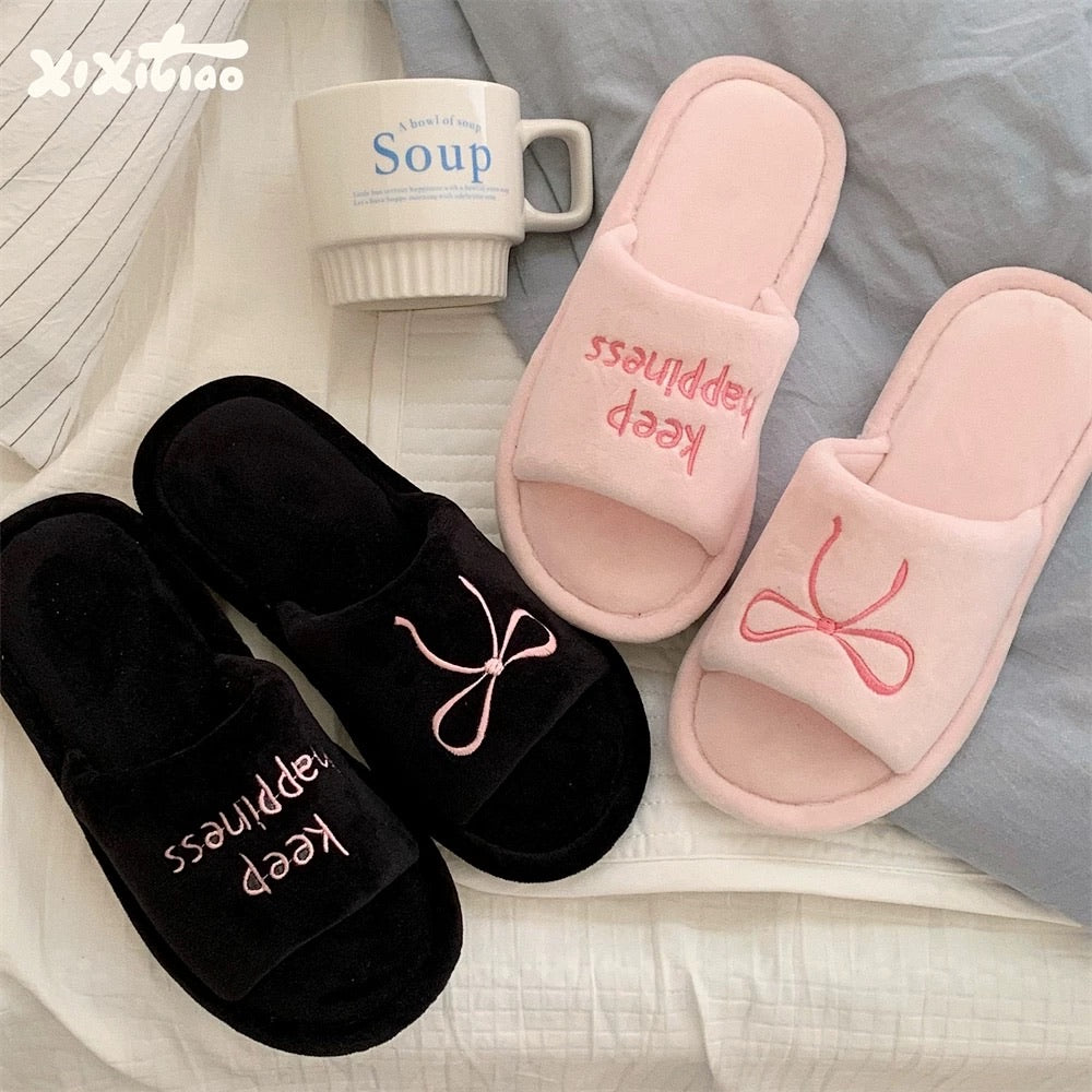 Keep Happiness Bow Plush Slippers