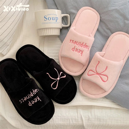 Keep Happiness Bow Plush Slippers