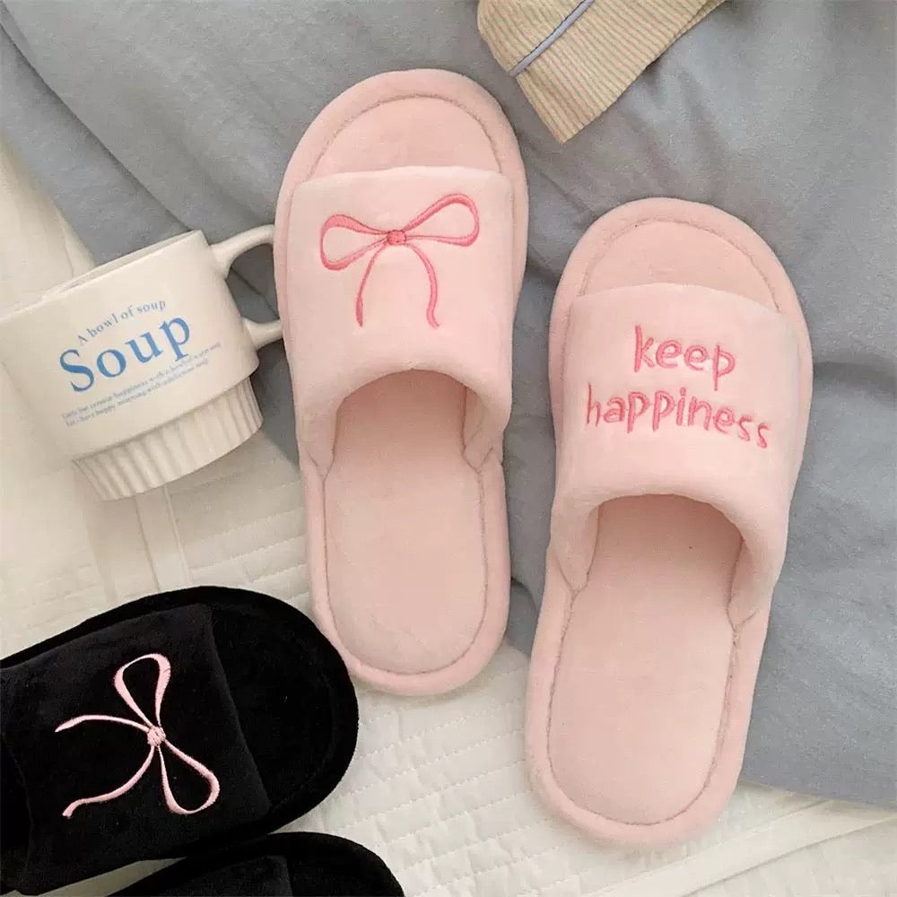 Keep Happiness Bow Plush Slippers