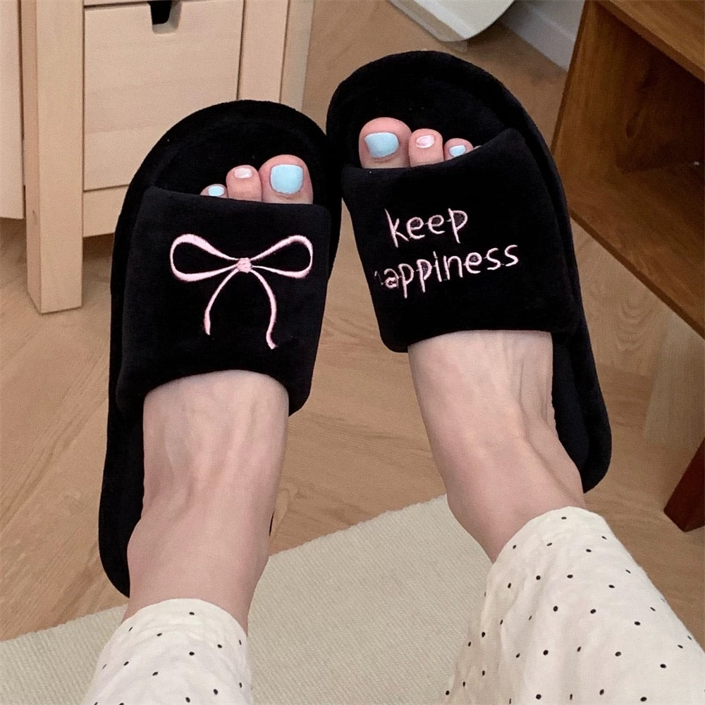 Keep Happiness Bow Plush Slippers