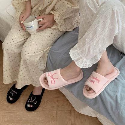 Keep Happiness Bow Plush Slippers