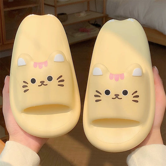Cream Yellow Kitten & Brown Bear Squishy Platform Slippers